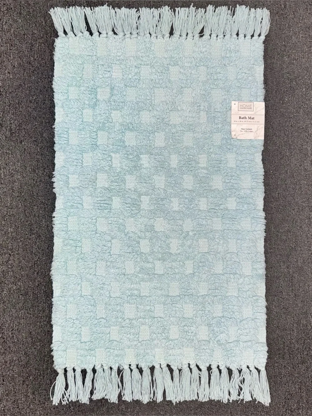 Home Collections Checkered Fringe Bath Mat Cotton Aqua 18x28 NWT